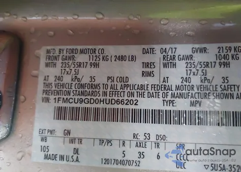 2017 Ford Escape Se z USA, uszkodzony, nr VIN 1FMCU9GD0HUD66202